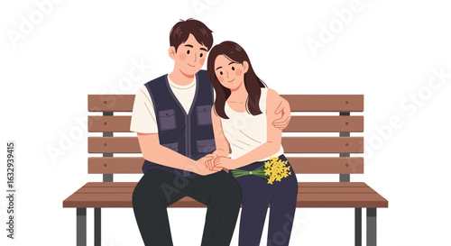 Vector art of a young couple sitting closely together on a park bench, holding hands with affection and support, isolated on white background
