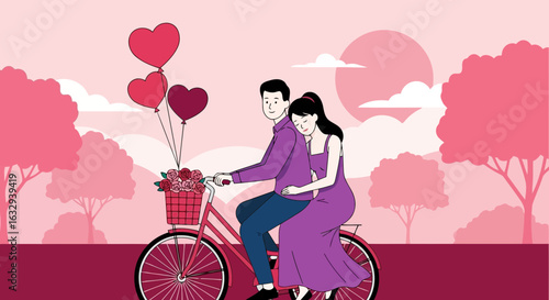 Vector art of a romantic couple enjoys a bicycle ride together, with heartshaped balloons and flowers in the basket, set against a backdrop of trees and a setting sun
