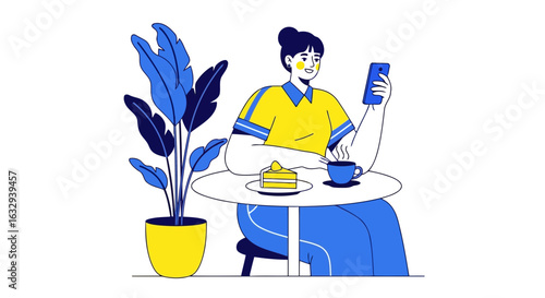 Vector art of woman sitting at a cafe table with coffee and cake, looking at her phone, isolated on white background