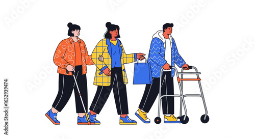Vector art of diverse group of people with mobility aids walking together, representing disability, inclusion, and support, isolated on white background