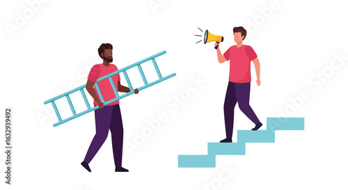 Vector art of two men with a ladder and a megaphone on stairs, representing business growth, communication, and career advancement, isolated on white background