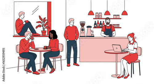 Vector art of diverse group of people enjoying coffee and socializing in a modern cafe, with a barista serving behind the counter