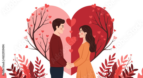 Vector art of a loving couple holding hands in front of a large heart with floral elements, symbolizing romance and togetherness on valentines day, isolated on white background