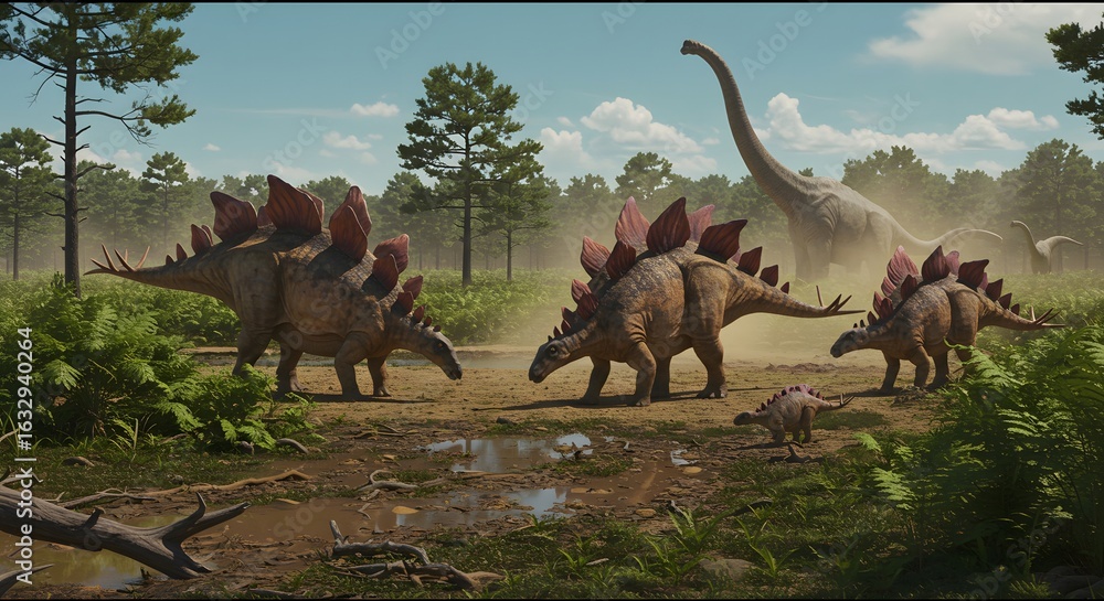 Fototapeta premium Group of stegosaurus dinosaurs in a prehistoric landscape with tall trees and a long necked dinosaur