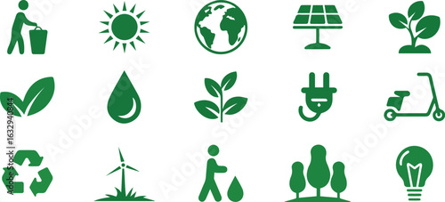 Green energy and sustainability vector icons set for eco friendly lifestyle and environment protection