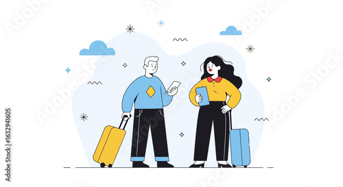 Vector art of a man and a woman with their luggage, possibly at an airport or train station, looking at their phones