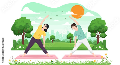 Vector art of two women practicing yoga in a park at sunrise, stretching their bodies and enjoying a healthy outdoor lifestyle