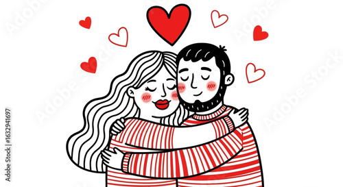 Vector art of a loving couple embracing each other with closed eyes, surrounded by hearts, isolated on white background