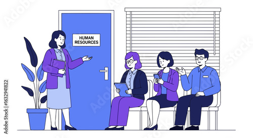 Vector art of human resources office waiting room with people sitting and a woman standing by the door