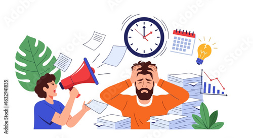 Vector art of man overwhelmed by work and deadlines, stressed by colleague shouting through megaphone, surrounded by papers, clock, and calendar, symbolizing business pressure and burnout