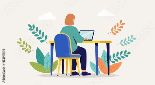 Vector art of woman working on a laptop at a desk with plants and leaves around her, symbolizing remote work or study in a modern, comfortable environment