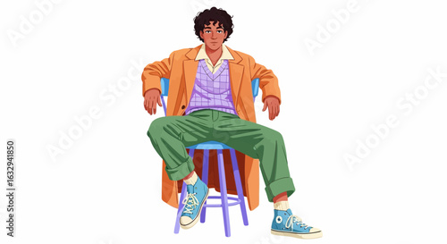 Vector art of young man in stylish casual outfit with orange jacket, purple shirt, green pants, and blue sneakers, sitting confidently on a chair, isolated on white background