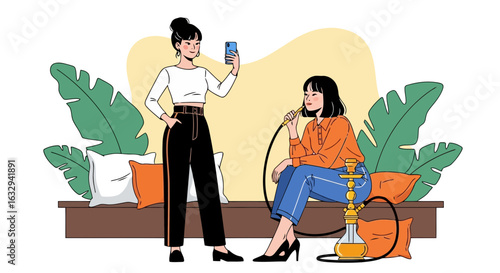 Vector art of two young women enjoying shisha in a modern lounge, one taking a selfie while the other relaxes with the waterpipe