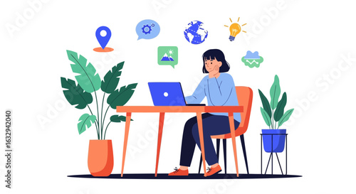 Vector art of woman working on a laptop at a desk with plants and leaves around her, symbolizing remote work or study in a modern, comfortable environment