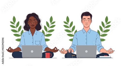 Vector art of diverse man and woman meditating peacefully at their laptops in an office setting, promoting workplace wellness and stress relief, isolated on white background