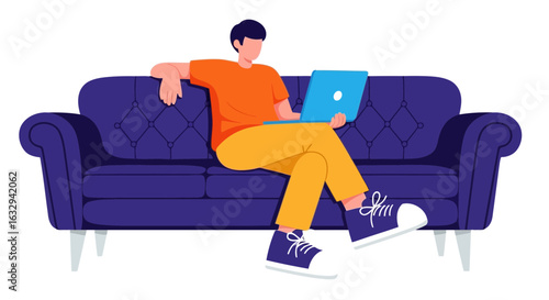 Vector art of young man sitting on a comfortable couch using his laptop, isolated on white background