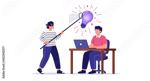 Vector art of thief in mask stealing a glowing light bulb idea from a person working on a laptop, isolated on white background