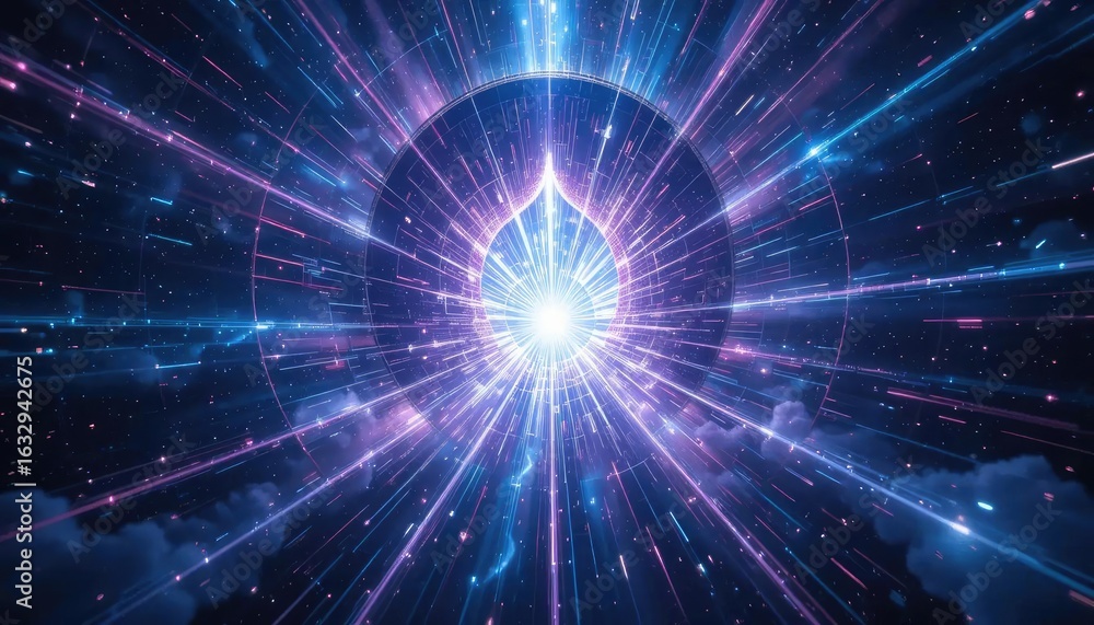 Obraz premium An abstract, vibrant burst of light emanating from a central point, with streaks of blue, purple, and pink radiating outwards.