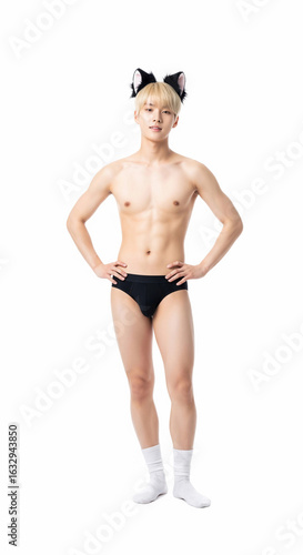 Young man in black fox cosplay with ears and tail, standing in playful pose on white background. Perfect for cosplay, fantasy, costume party, and character-themed creative projects.