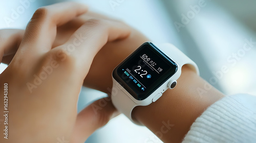 A person wearing a white apple watch with a black screen displaying the time on their wrist close up