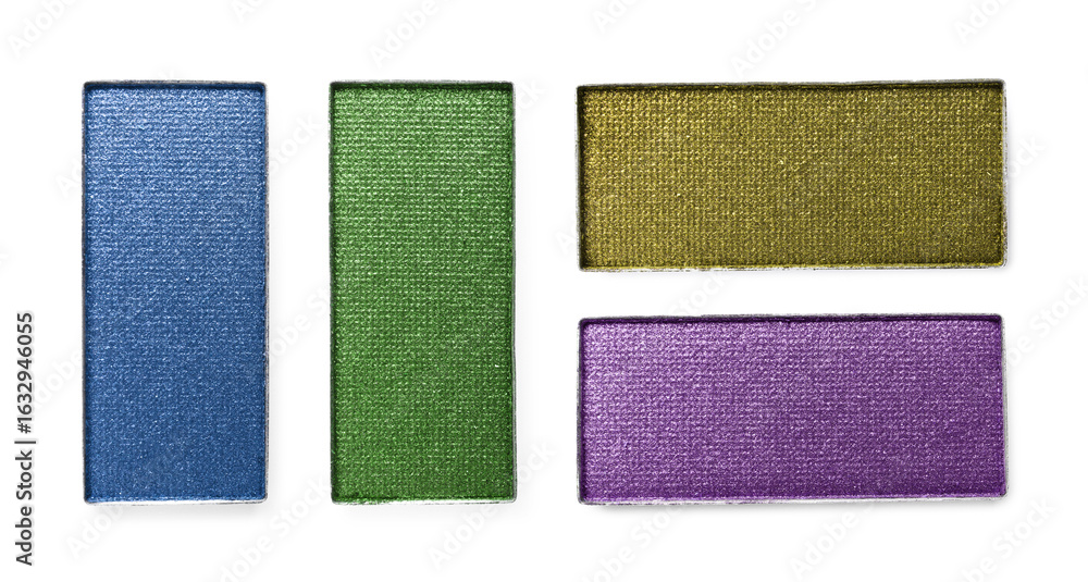 Fototapeta premium Different eyeshadow in refill pans on white background, set. Palette of shades