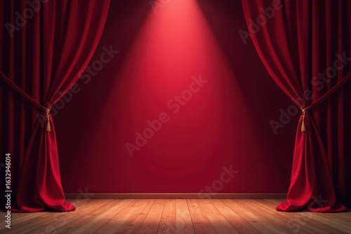 Deep red curtains pulled back, single spotlight illuminates boards, magic, stage illumination