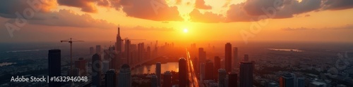 Golden sunrise over cityscape, booming construction, gold, sun, cityscape