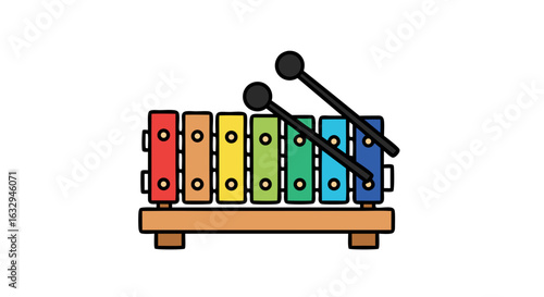 Vibrant xylophone illustration displaying musical harmony and chromatic bars aligned on a wooden frame highlighting childhood, creativity, and