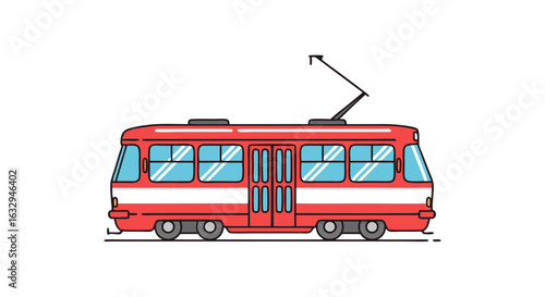 Vibrant Red Tram Illustration: Modern City Transit with Clean Lines and Minimalist Design for Urban Mobility Depiction