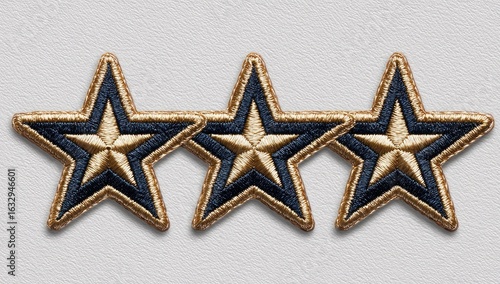 Three gold and navy blue embroidered stars