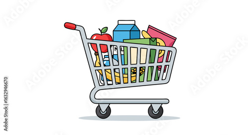 Shopping Cart with Fresh Grocery Products in Colorful Flat Vector Style Design