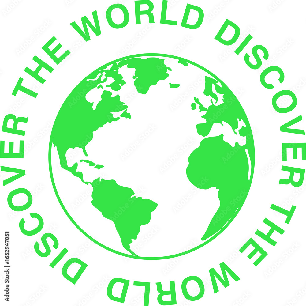 Obraz premium Displaying green globe in flat graphic featuring DISCOVER WORLD text ring on transparent background