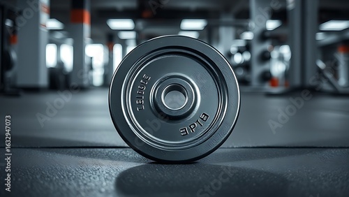 A solitary weight plate on rubber flooring with metallic reflections in soft gym lighting.