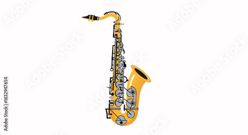 Whimsical Saxophone Illustration Depicting Musical Instrument on a Blank Canvas Displaying Artistic Creativity and Brass Composition