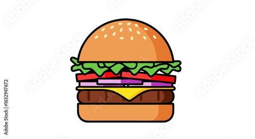 Vibrant Hamburger Graphic Illustration with Fresh Ingredients on a Plain Background