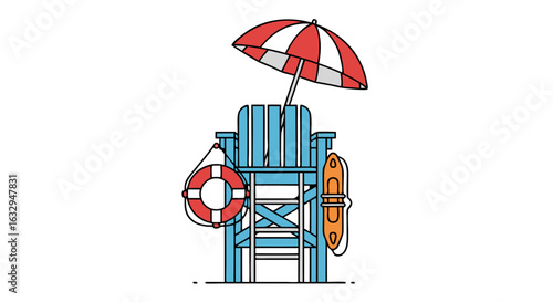 Vibrant lifeguard chair and sunshade umbrella illustration, conveying security and summer vibes, with a buoy and a surfboard icon, ready for beach