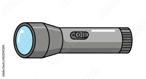 Cartoon style illustration of a handheld flashlight with blue lens shining light source with a gray metallic body with black outline for brightness