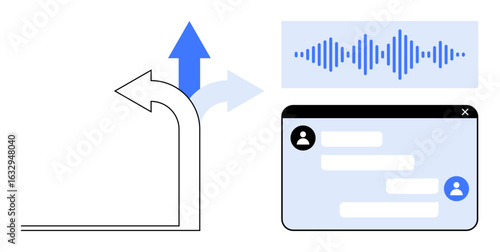 Curved arrow workflow, upward blue arrow, chat interface with user icons, waveform audio signal. Ideal for communication, AI, customer support, analytics, automation technology simple landing page