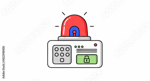 Cartoon home security system illustration with alarm and keypad for property protection and safety awareness depiction