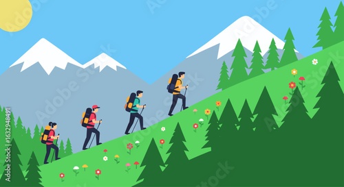 Diverse group of friends hiking up a mountain on a sunny day