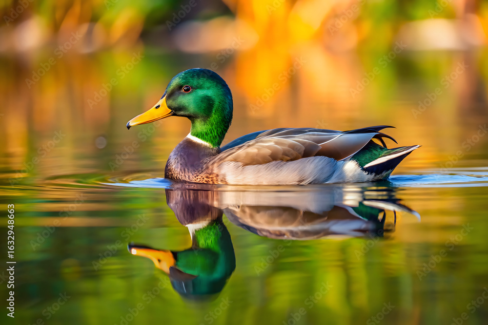 Fototapeta premium A peaceful duck glides across the tranquil waters of a lake in Spain, its reflection subtly mirrored on the surface