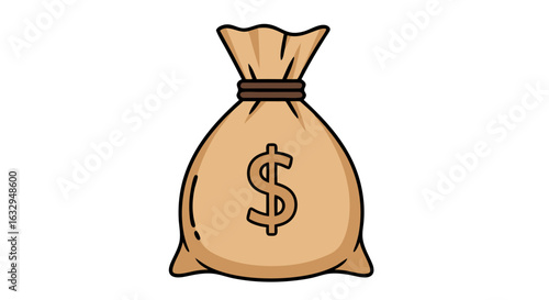 Cartoonish illustration of a burlap sack tied with string with a dollar sign emblazoned symbolizing money and wealth acquisition