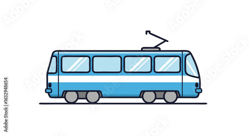 Stylized blue tram illustration symbolizing city transportation and urban mobility depicted in minimalist flat design style for graphic applications