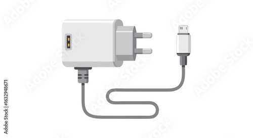 Vector Illustration of a Charger with Plug and Cable for Mobile Devices, Displayed on White Background and Modern Minimalist Style