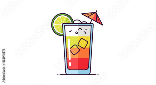 Colorful Layered Cocktail Illustration with Lime and Umbrella, Perfect for Summer Vibes and Tropical Getaways