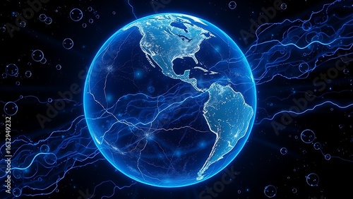 Earth's magnetic field depicted as luminous blue veins, pulsing alongside floating oxygen bubbles.