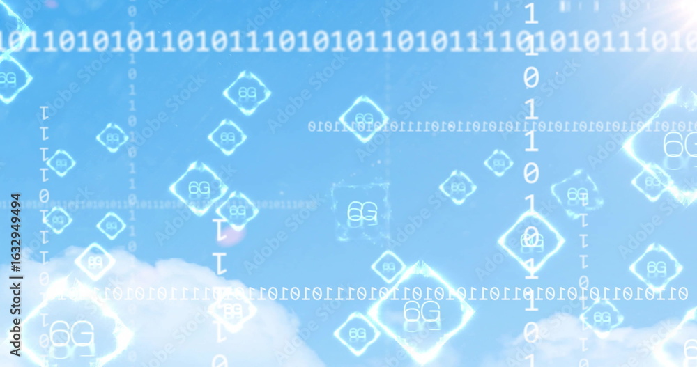 Fototapeta premium Floating holographic 6G icons and binary code streams overlaying open sky, virtual network theme