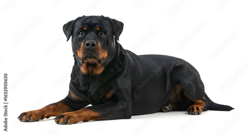 Fototapeta premium Powerful Rottweiler dog lying down calmly and looking at camera on isolated transparent background.