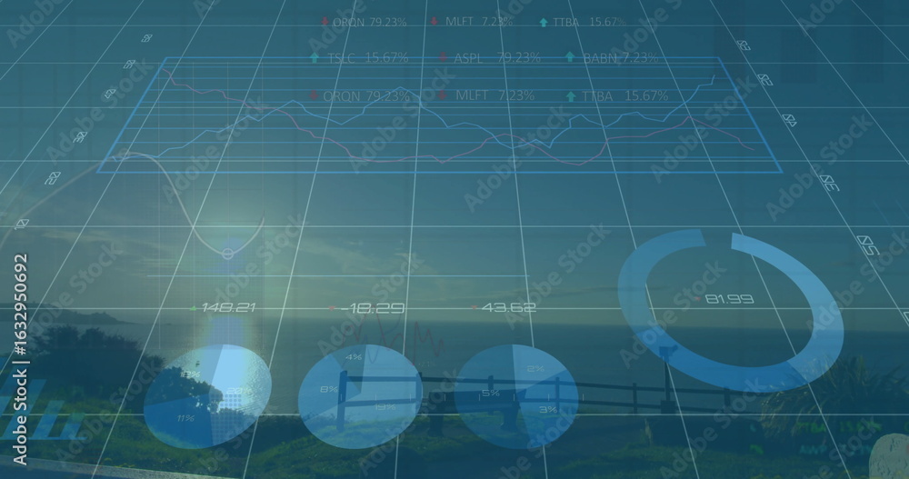 Obraz premium Displaying financial overlay on coastal path, with 3D grid, line graph and circular charts