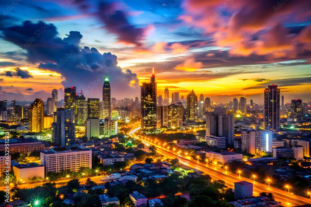 Obraz premium Bright glowing lights of district in megapolis under dusk sky in evening on blurred background